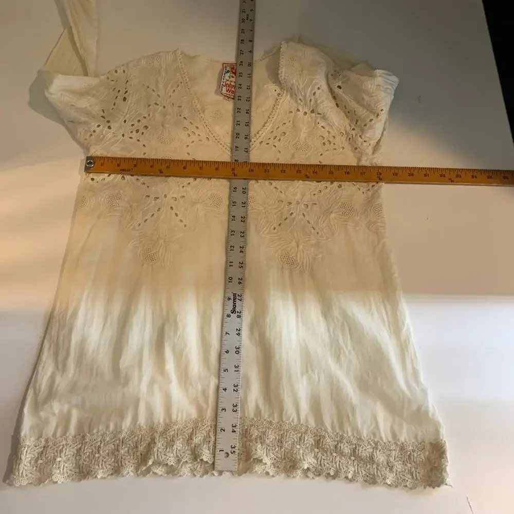Johnny Was Blouse Womens S Small Ivory Cotton Embroidered Eyelet V Neck Tunic